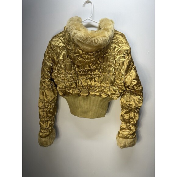 George Palomares Y2K Style Gold Cropped Puffer Jacket With Faux Fur Trim Size L - Picture 10 of 15